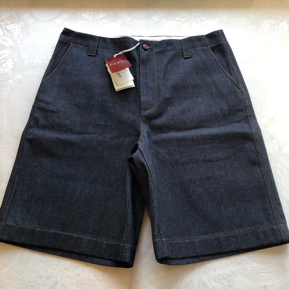 Gucci Dark Blue Raw Denim Jeans Bermuda Shorts Men's Size 52 Front Zip/Button